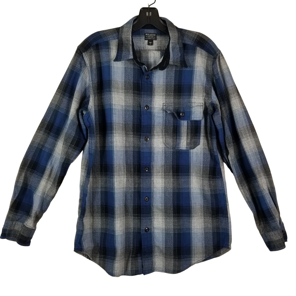Filson Field Flannel Shirt‎ Mens Small Blue Grey Plaid Cotton Button Down